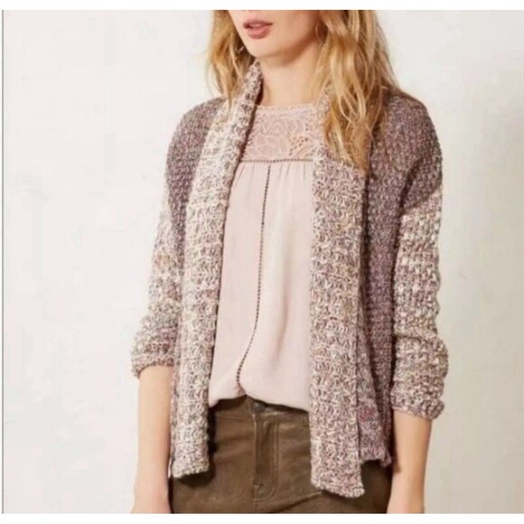Anthropologie Moth Cardigan Sweater S Gray Tan Red Shimmer Knit Open Front Boho - Picture 3 of 10